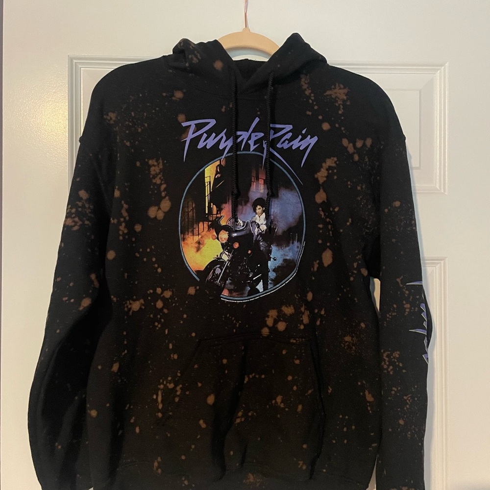 Black Bleach Dye Prince Purple Rain Graphic Hoodie